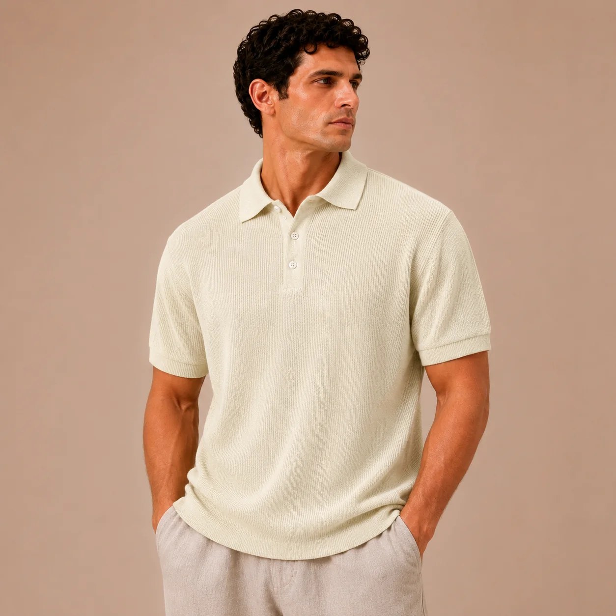 100% Cotton Knit Polo Shirt - Beige