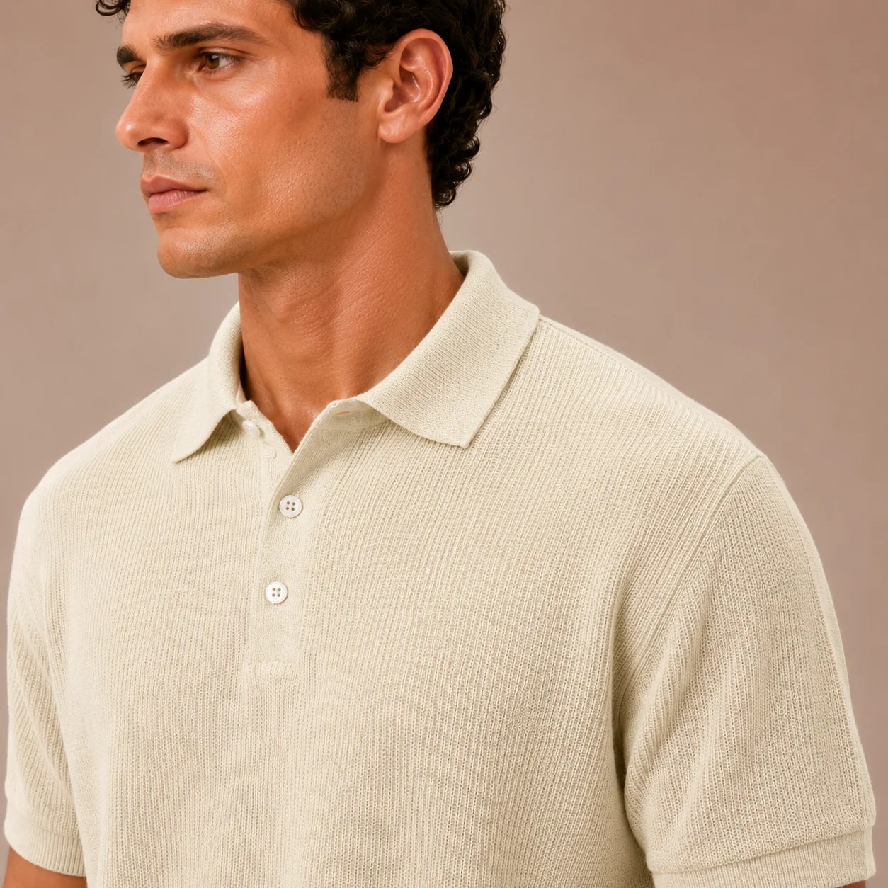 100% Cotton Knit Polo Shirt - Beige