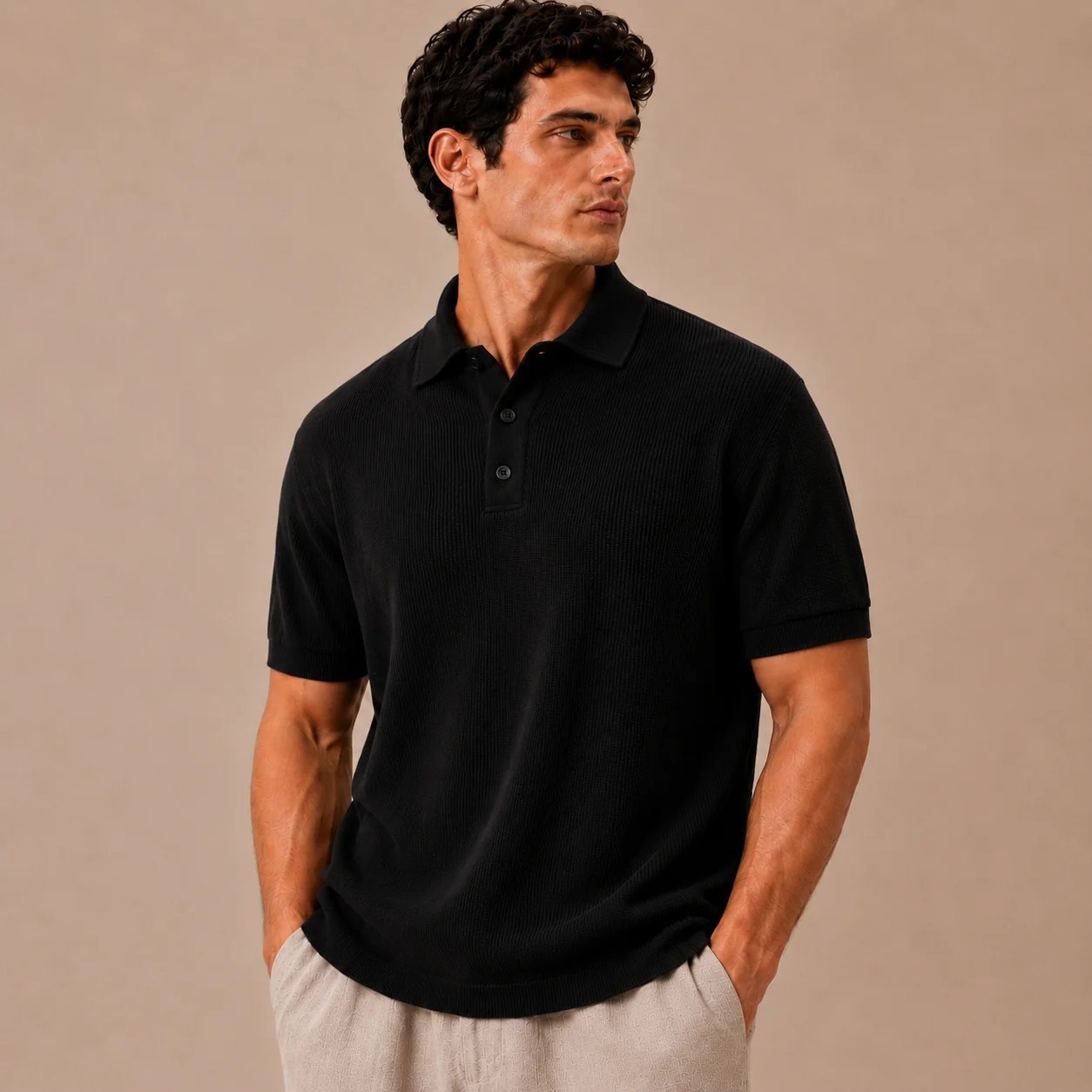 100% Cotton Knit Polo Shirt - Black