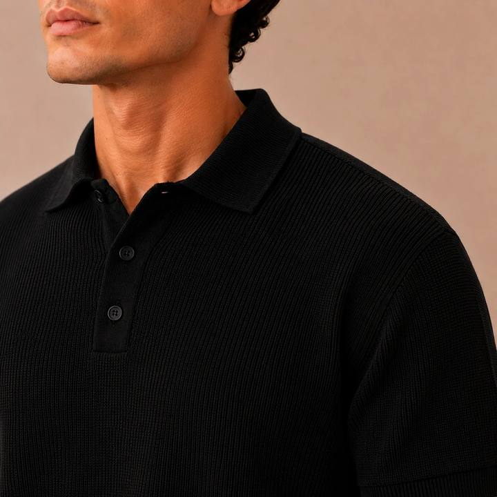 100% Cotton Knit Polo Shirt - Black