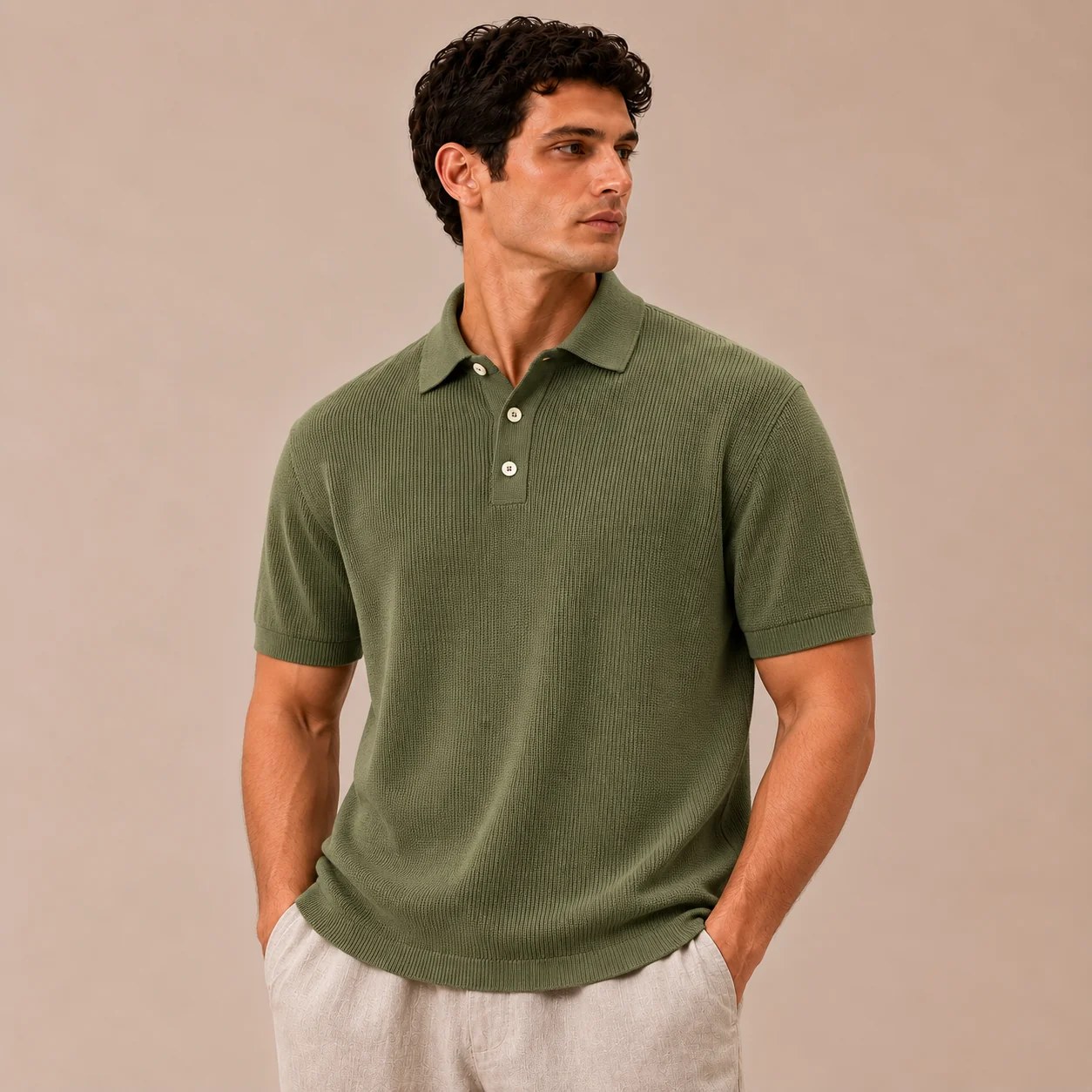 100% Cotton Knit Polo Shirt - Olive