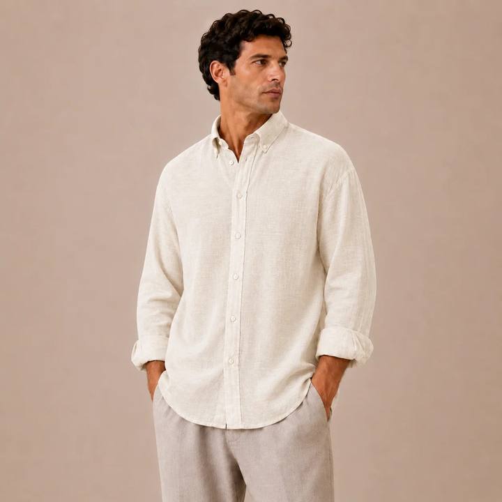 Relaxed Beige Linen Cotton Blend Shirt