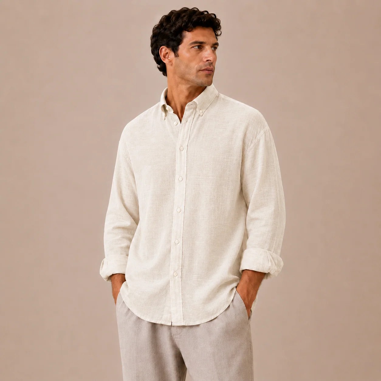 Relaxed Beige Linen Cotton Blend Shirt