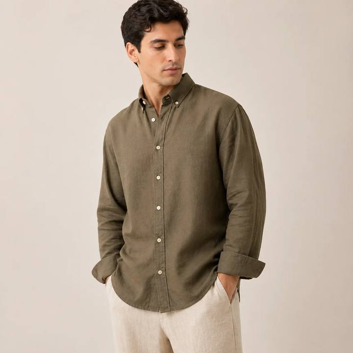 Relaxed Olive Linen Cotton Blend Shirt