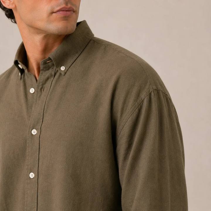 Relaxed Olive Linen Cotton Blend Shirt