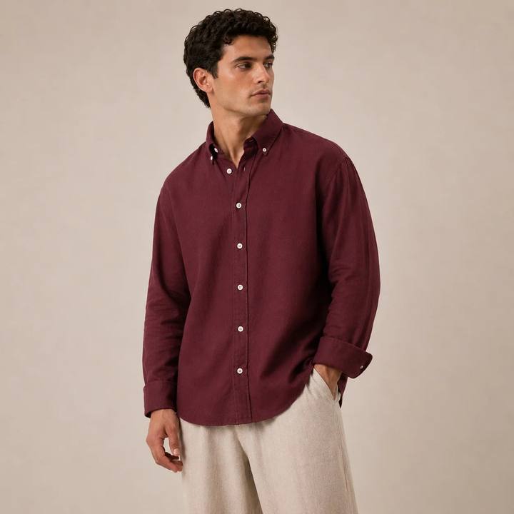 Relaxed Burgandy Linen Cotton Blend Shirt