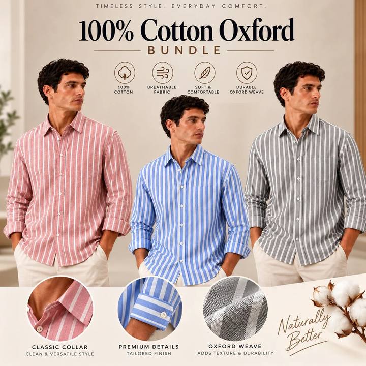 3 Oxford Shirts Bundle - 100% Cotton + FREE Shipping