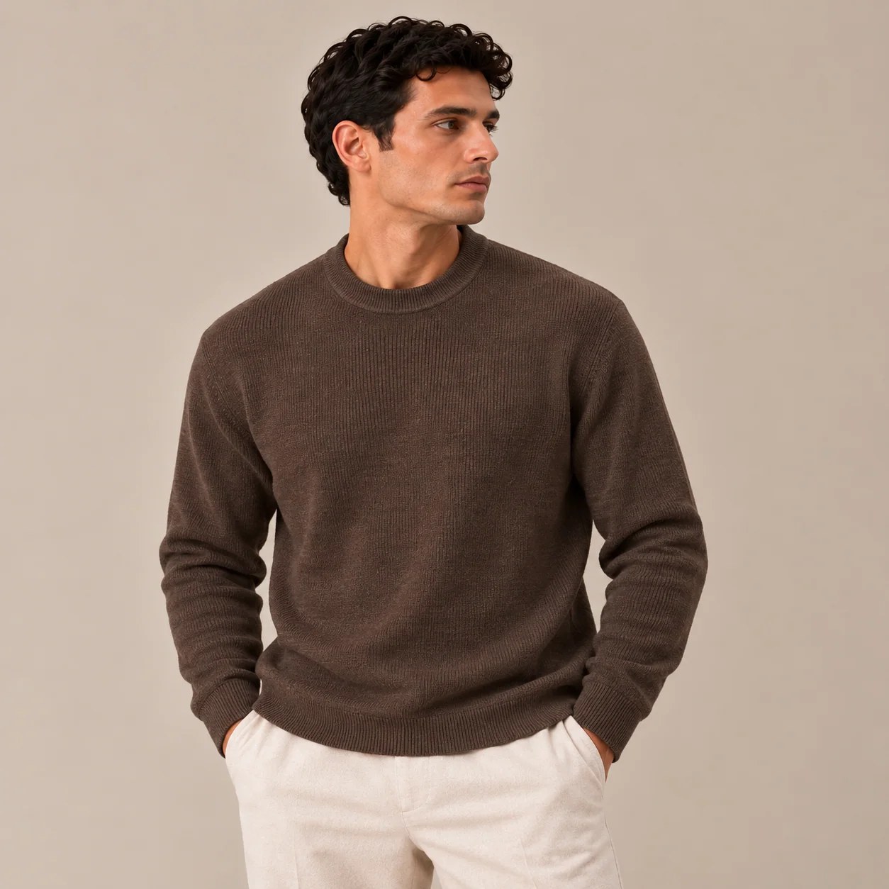 Knitted Wool Crewneck Sweater — Chocolate Brown