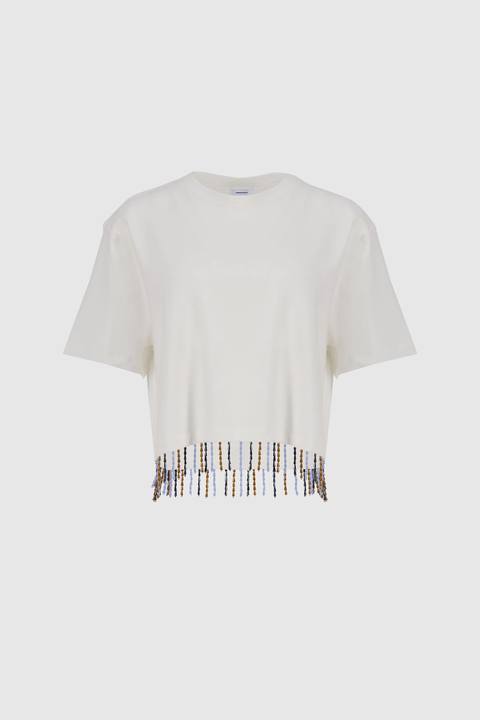 Beaded Fringed Tee -White x Blue