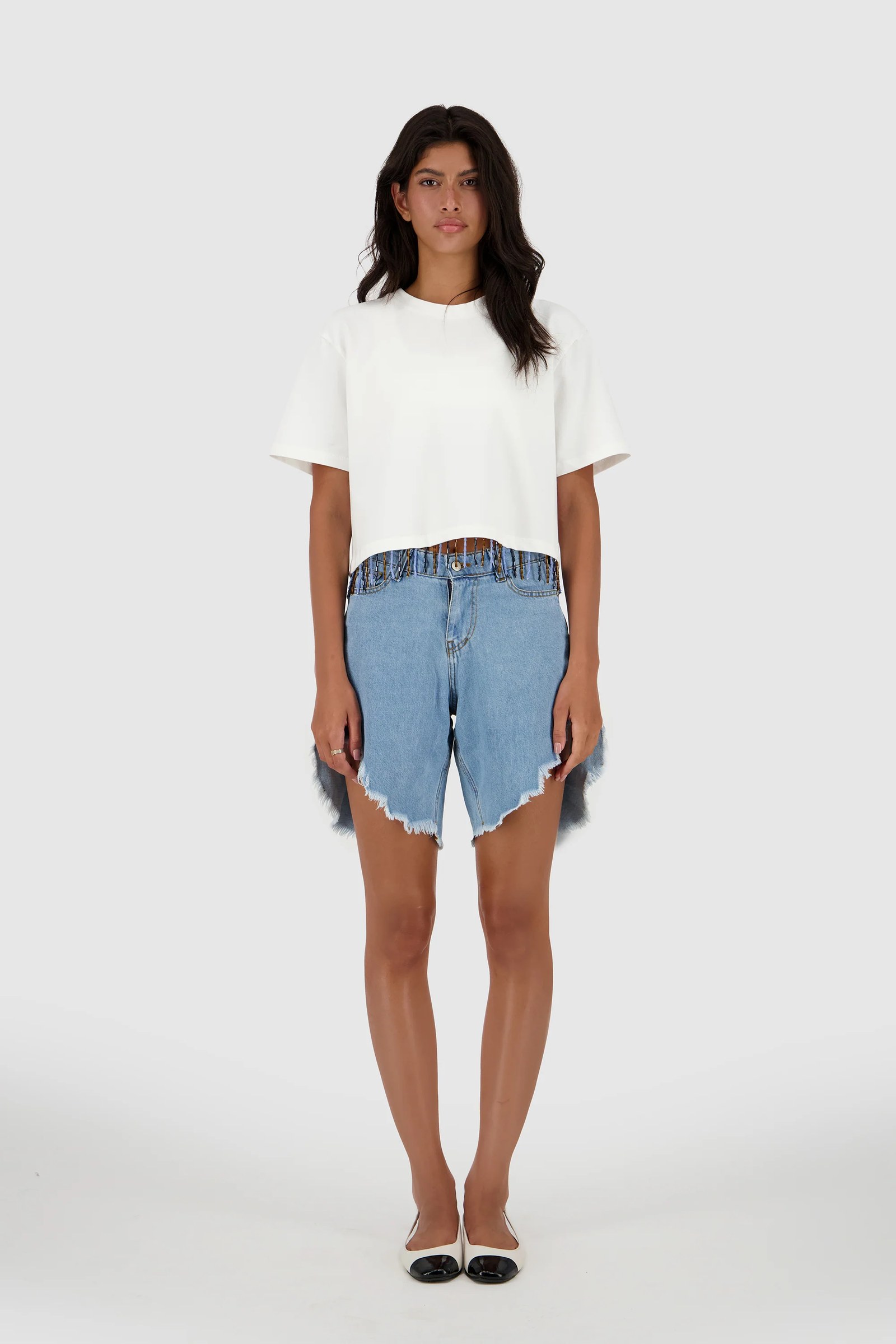 Beaded Fringed Tee -White x Blue