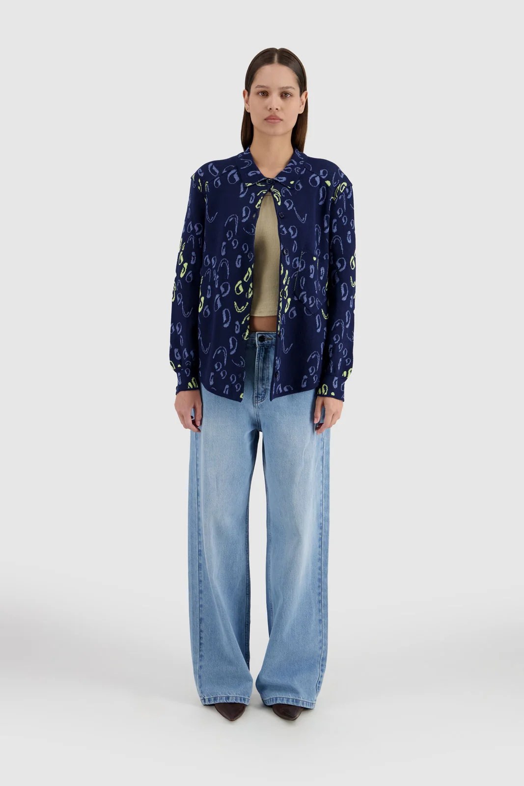 Button Down Jacquard Shirt Cardigan-NavyxMulticolor