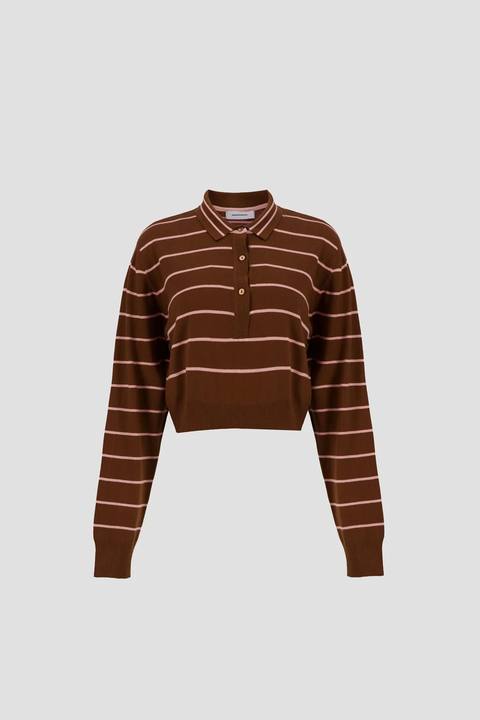 Long Sleeve Cropped Polo - Brown x Pink