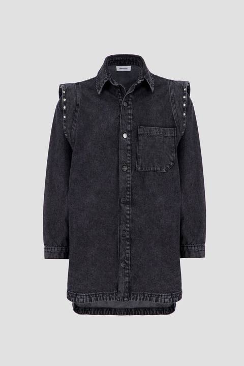 Shirt Dress with Studded Shoulder-Black Stone Wash