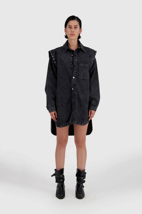 Shirt Dress with Studded Shoulder-Black Stone Wash