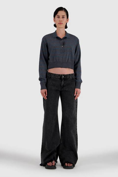 Long Sleeve Cropped Polo - Grey x Teal