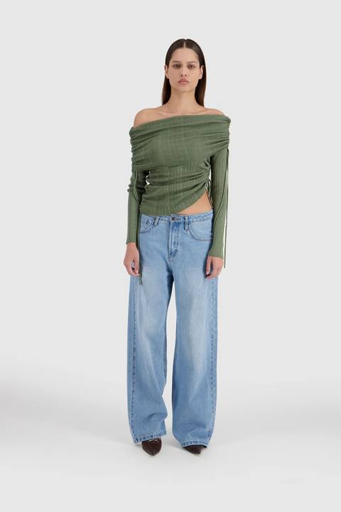 Off Shoulder Knit -Olive