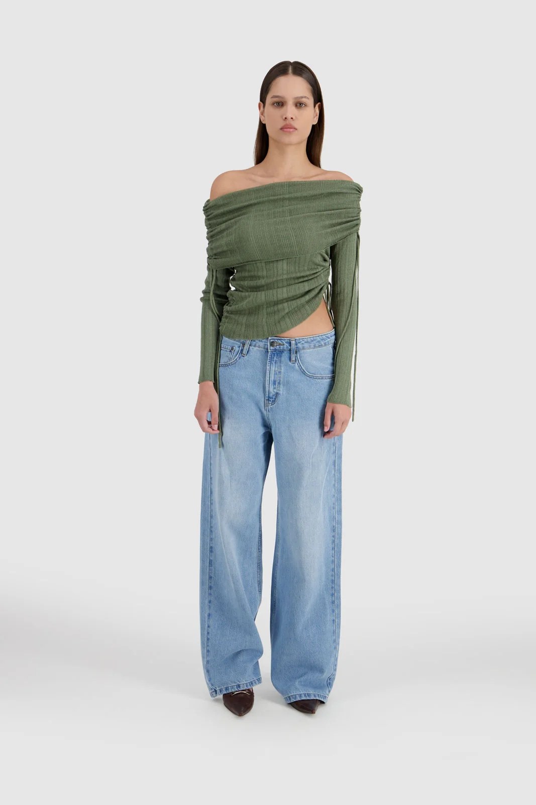 Off Shoulder Knit -Olive