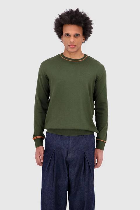 Long Sleeves Contrast T-Shirt - Olive With Orange