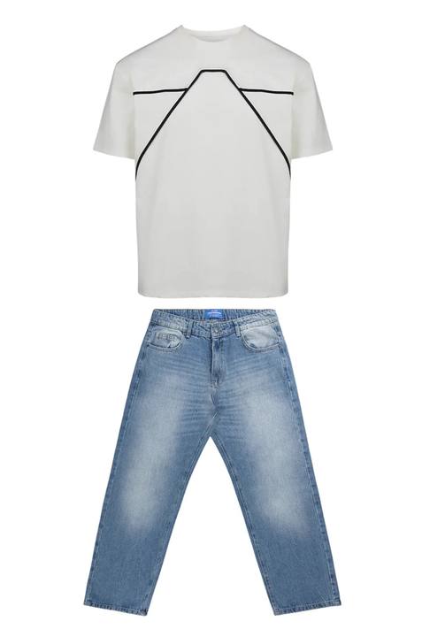 Fine Line Tee White & Straight Leg Jeans Blue