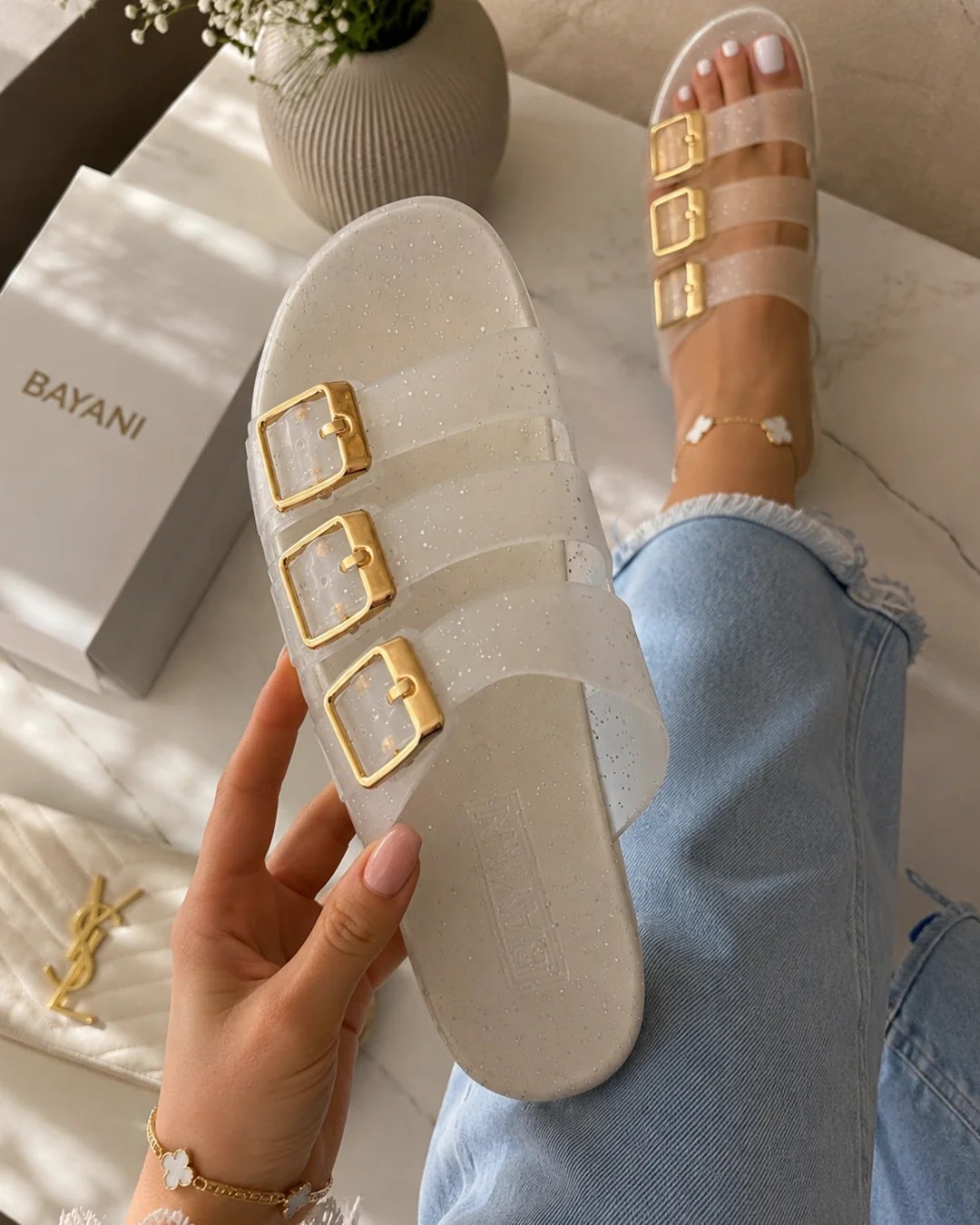 Pearl Buckle Slides - White