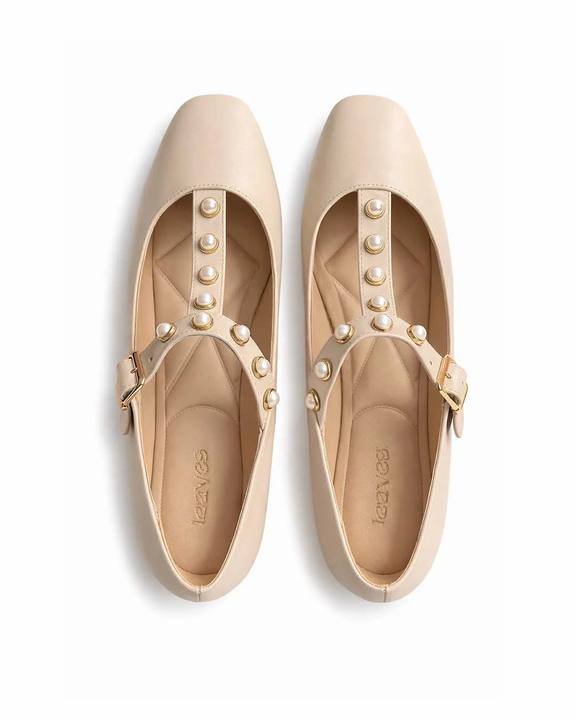 Pearl Strap Ballet Flats – Beige
