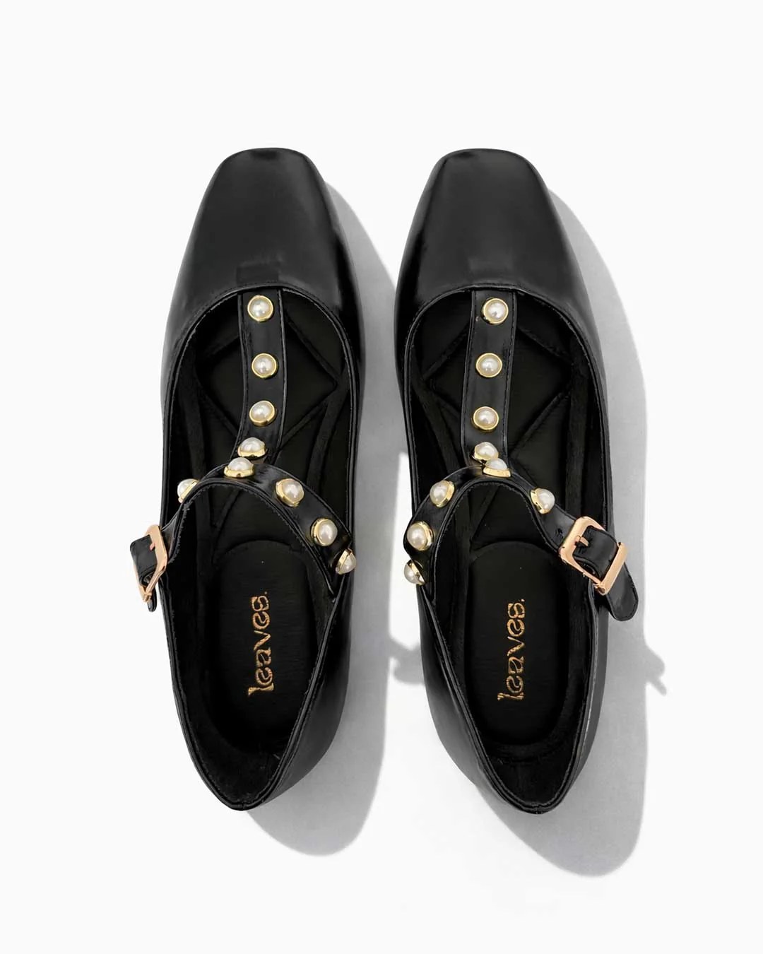 Pearl Strap Ballet Flats – Black