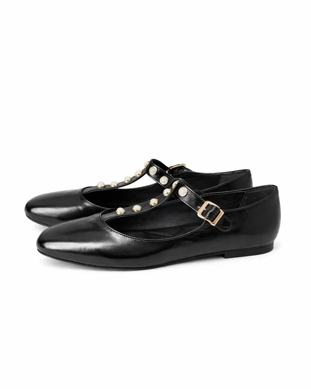 Pearl Strap Ballet Flats – Black