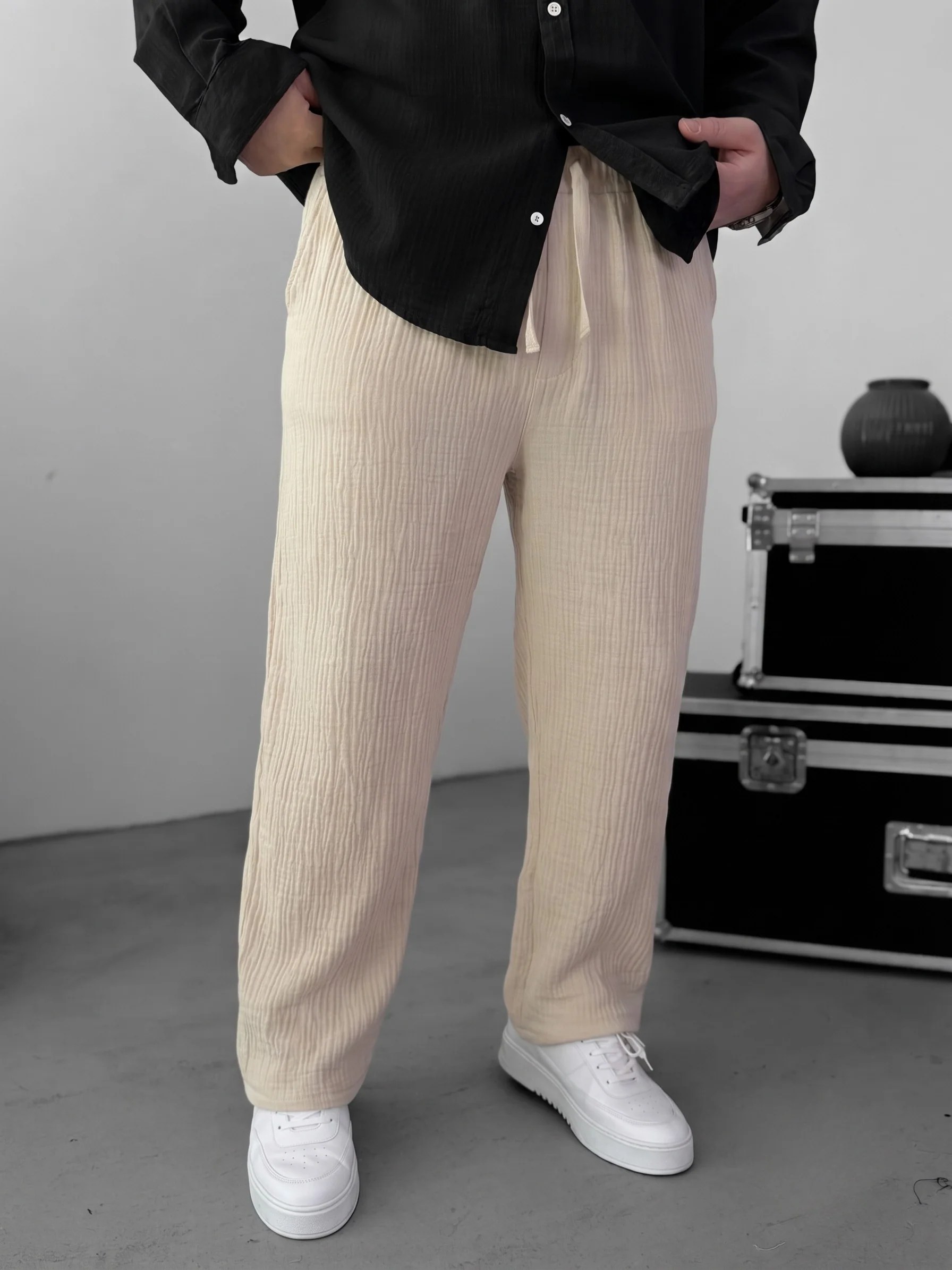 Muslin Wide-Leg Trousers - Beige
