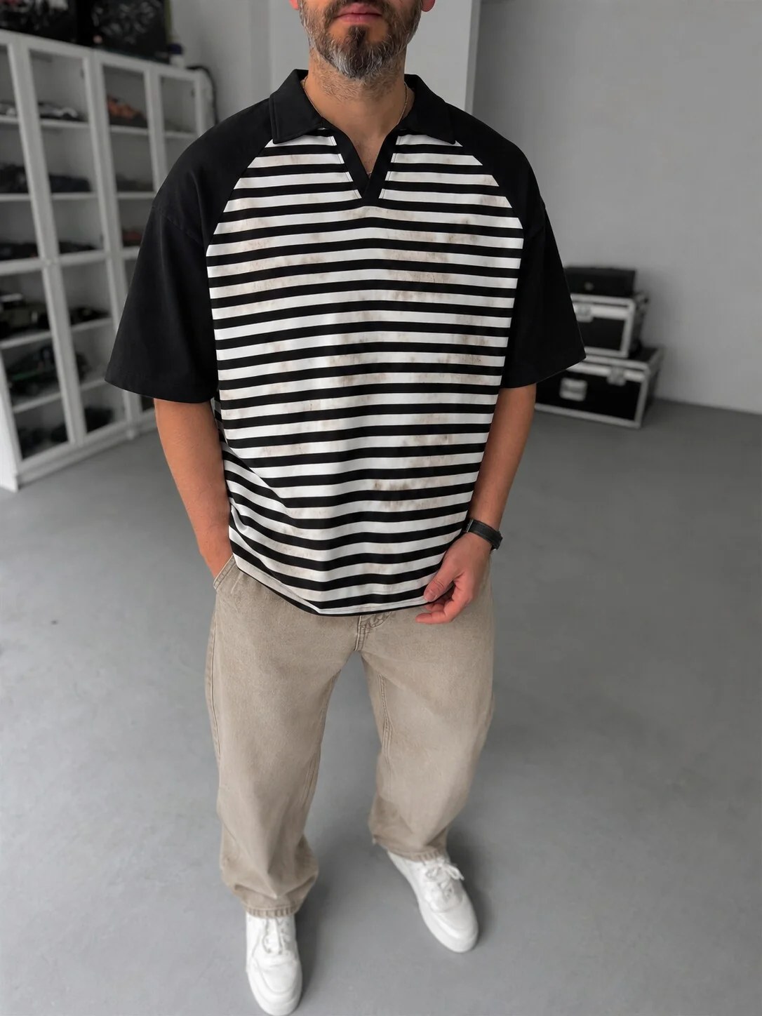 Vintage Striped Polo – Black