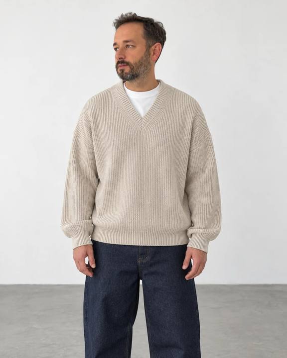 Premium Knitted V-Neck Sweater - Beige