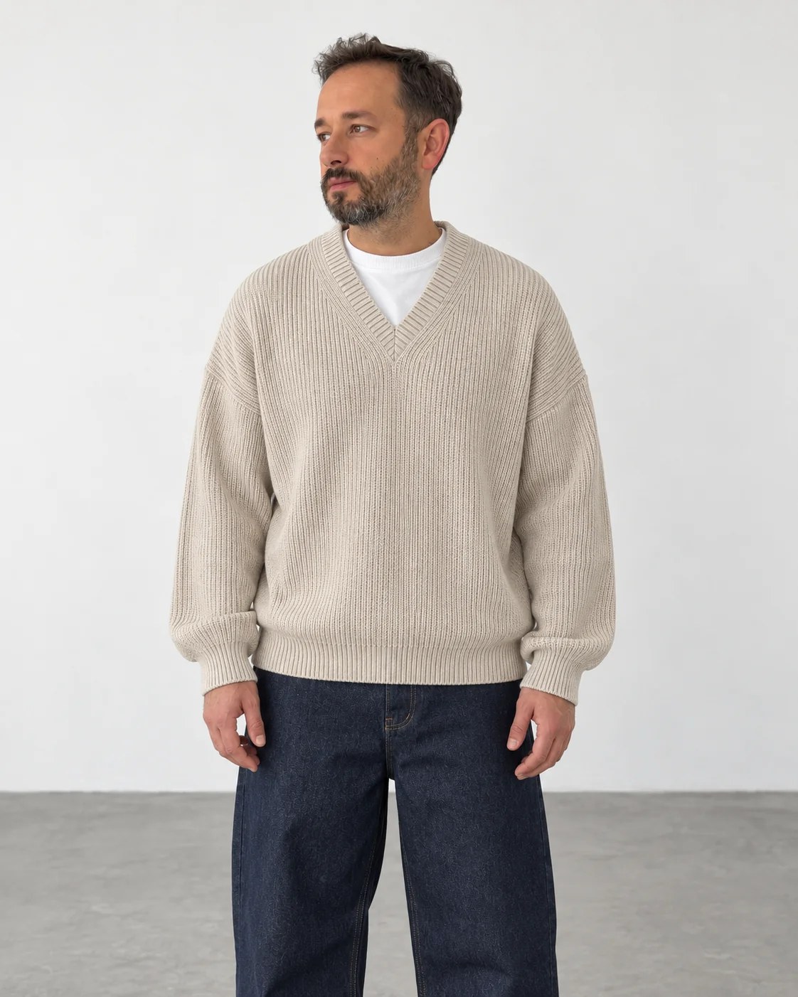 Premium Knitted V-Neck Sweater - Beige