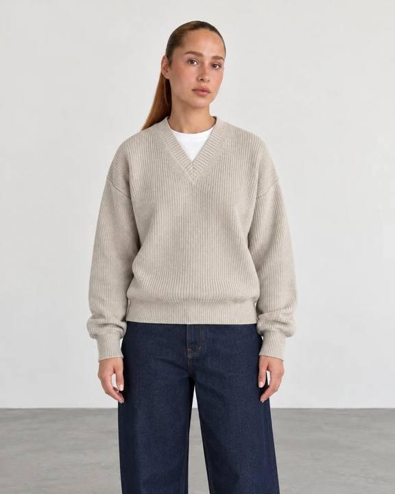 Premium Knitted V-Neck Sweater - Beige