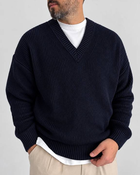 Premium Knitted V-Neck Sweater - Navy Blue