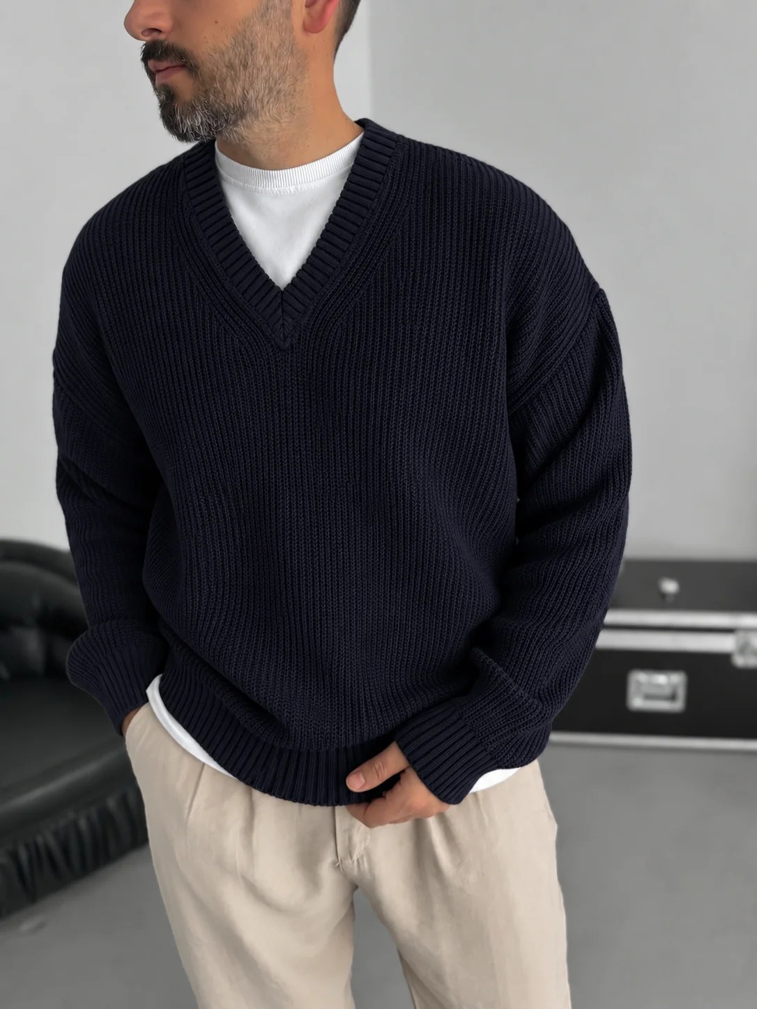Premium Knitted V-Neck Sweater - Navy Blue