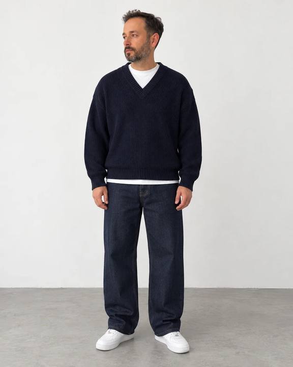 Premium Knitted V-Neck Sweater - Navy Blue