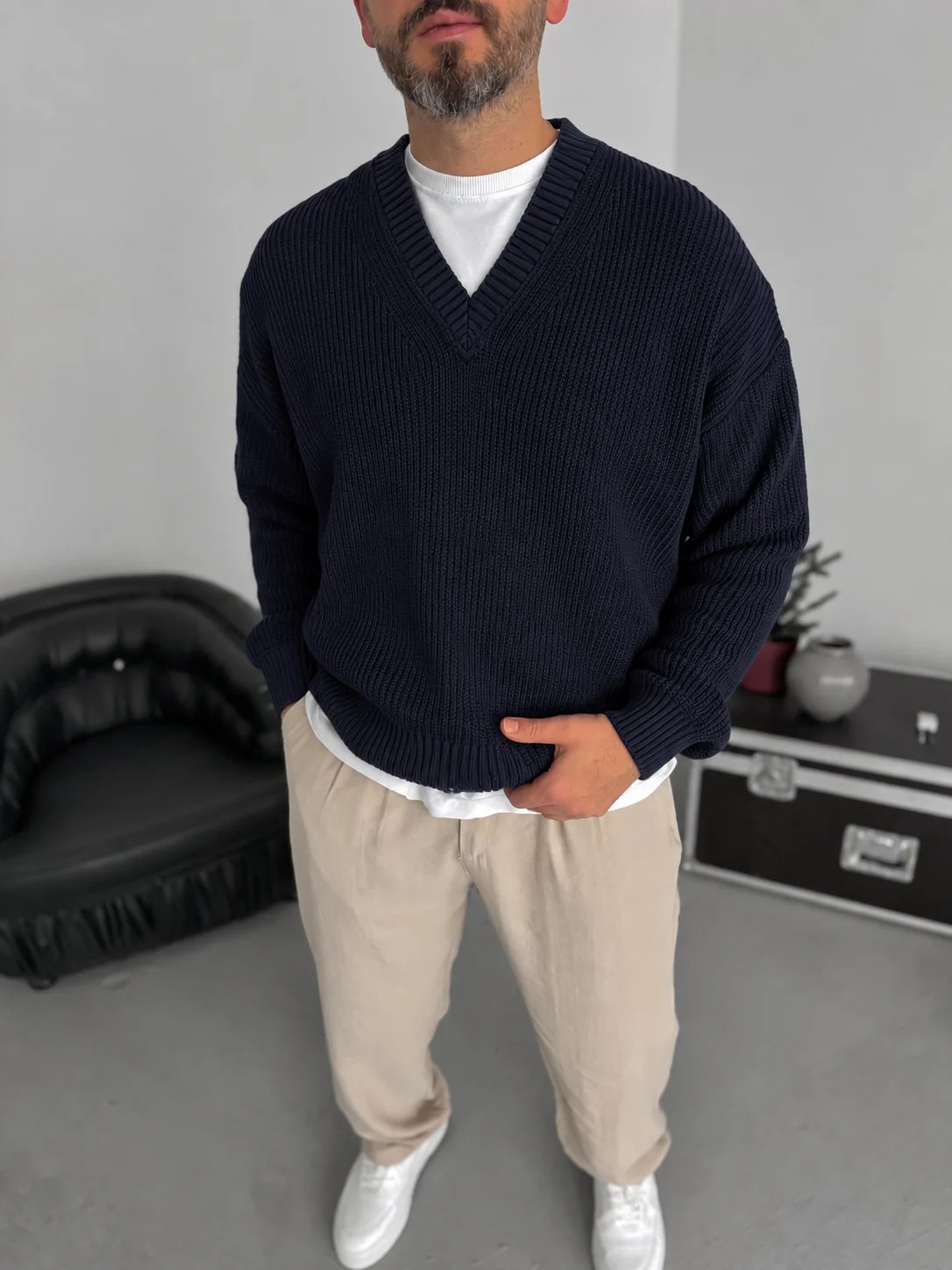 Premium Knitted V-Neck Sweater - Navy Blue