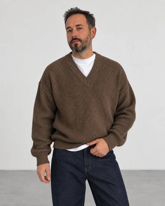 Premium Knitted V-Neck Sweater - Brown