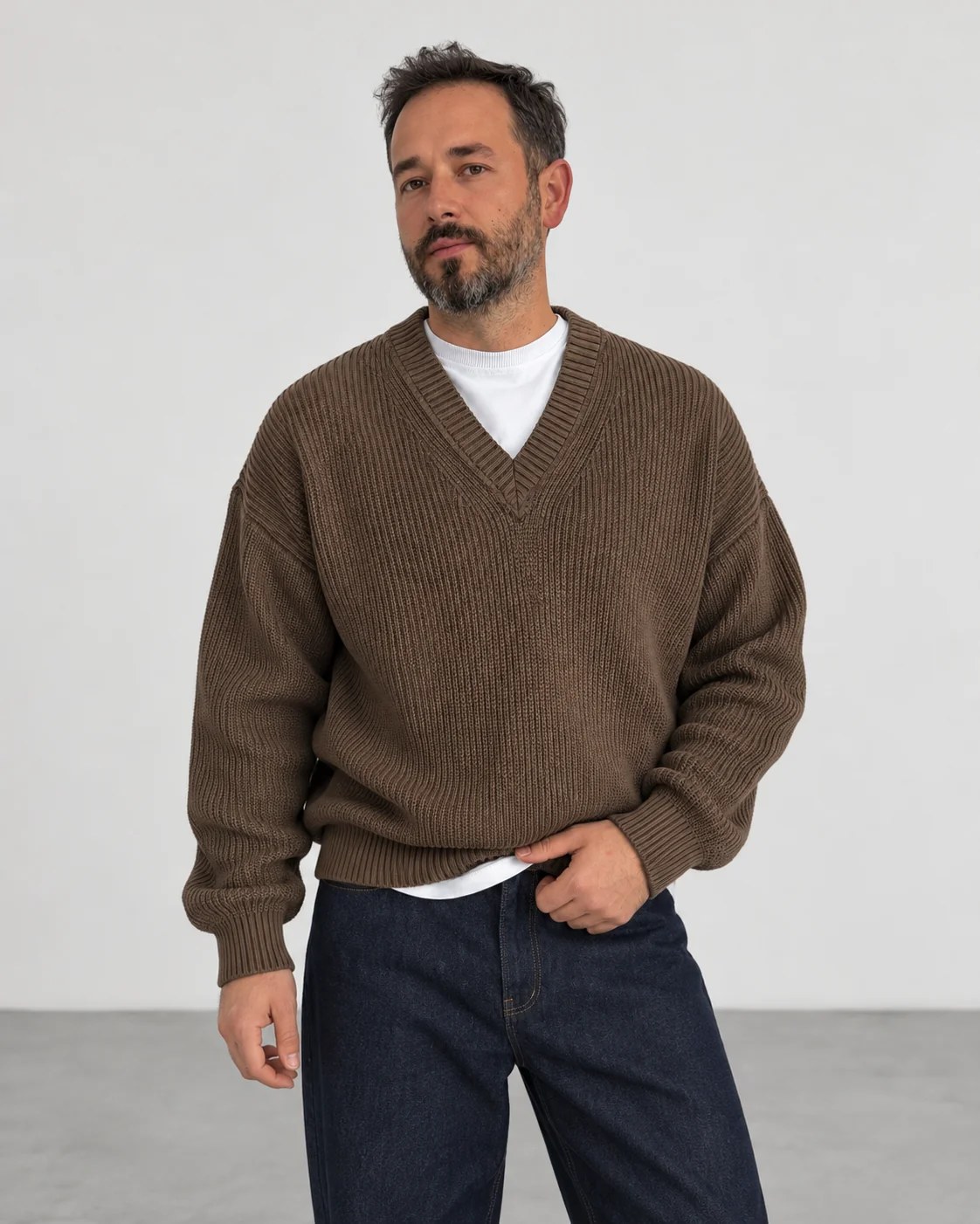 Premium Knitted V-Neck Sweater - Brown
