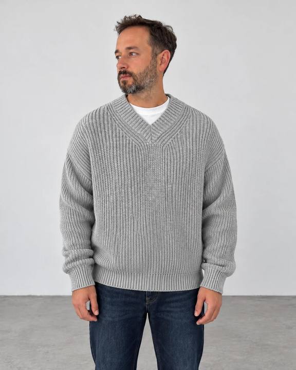 Premium Knitted V-Neck Sweater - Gray
