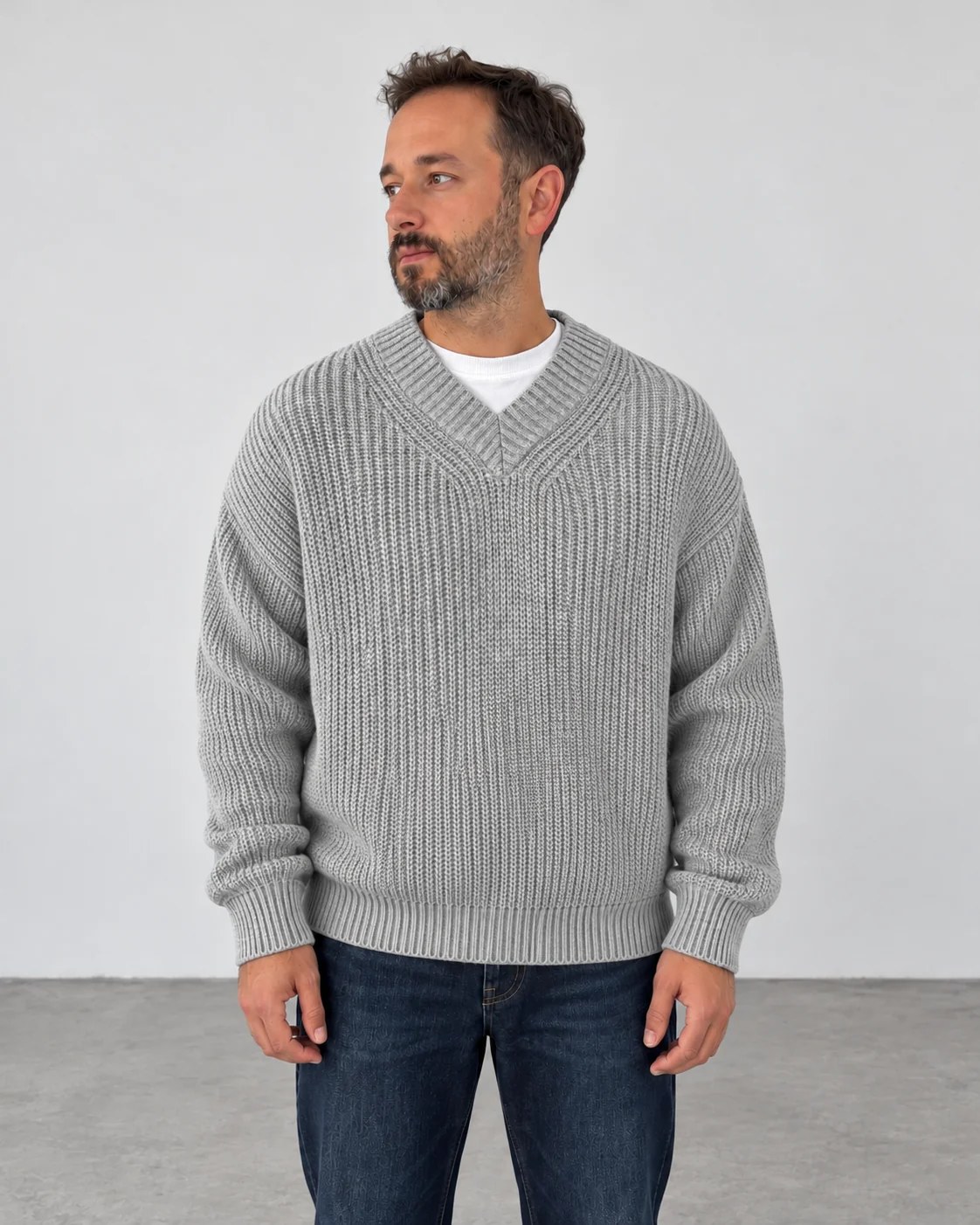 Premium Knitted V-Neck Sweater - Gray