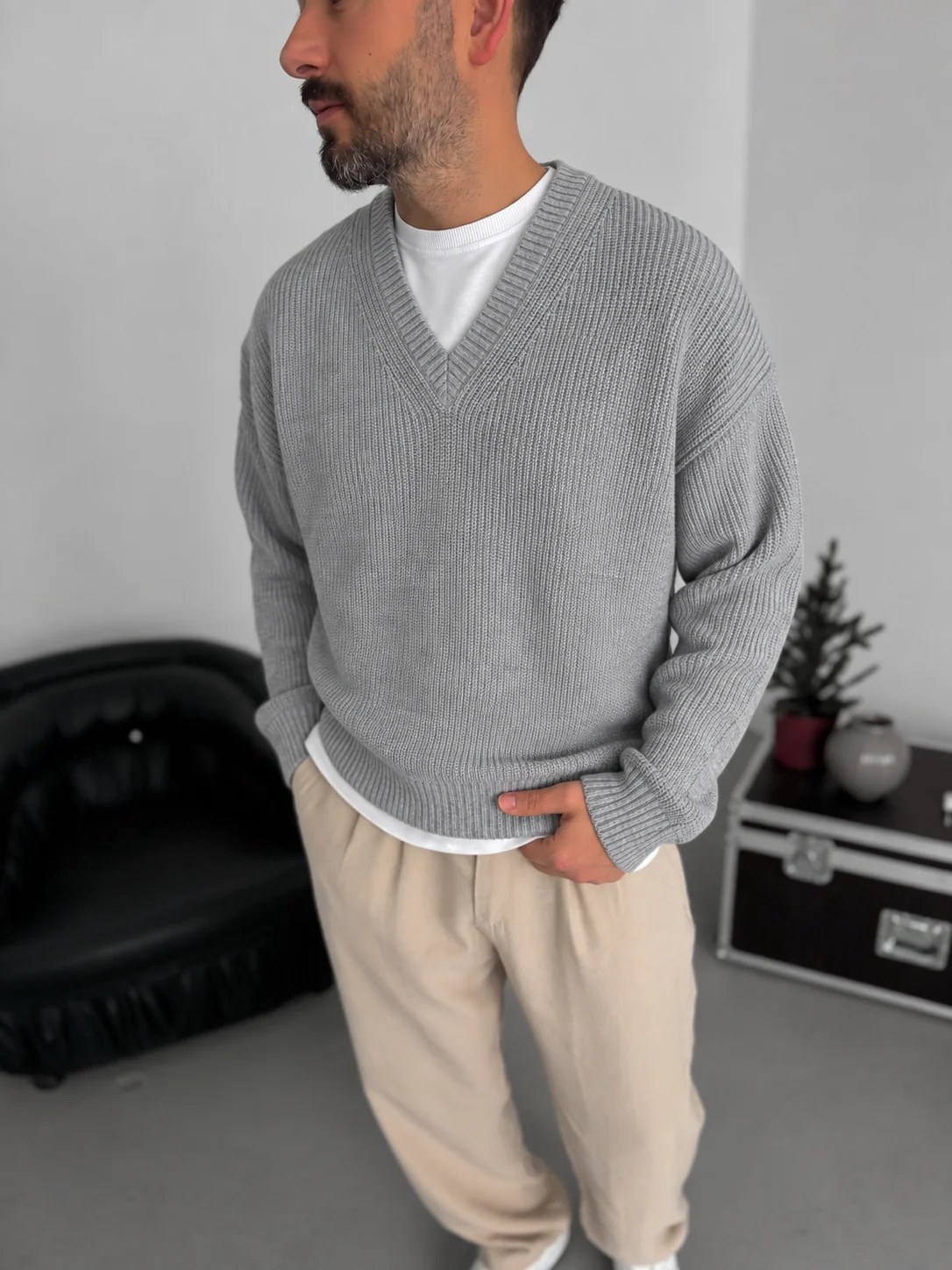 Premium Knitted V-Neck Sweater - Gray