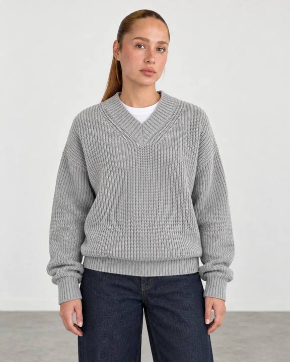 Premium Knitted V-Neck Sweater - Gray