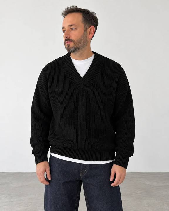 Premium Knitted V-Neck Sweater - Black