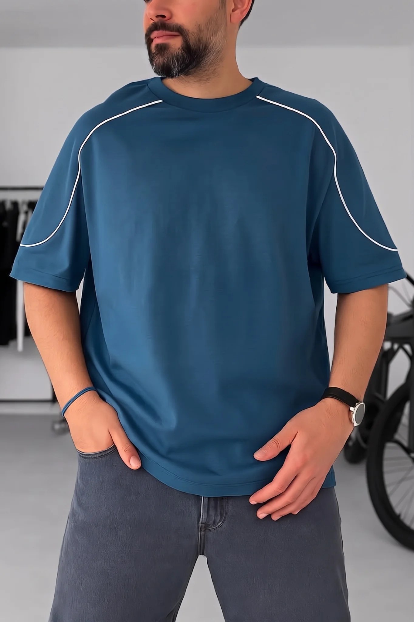 Piped Oversized T-Shirt - Petrol Blue