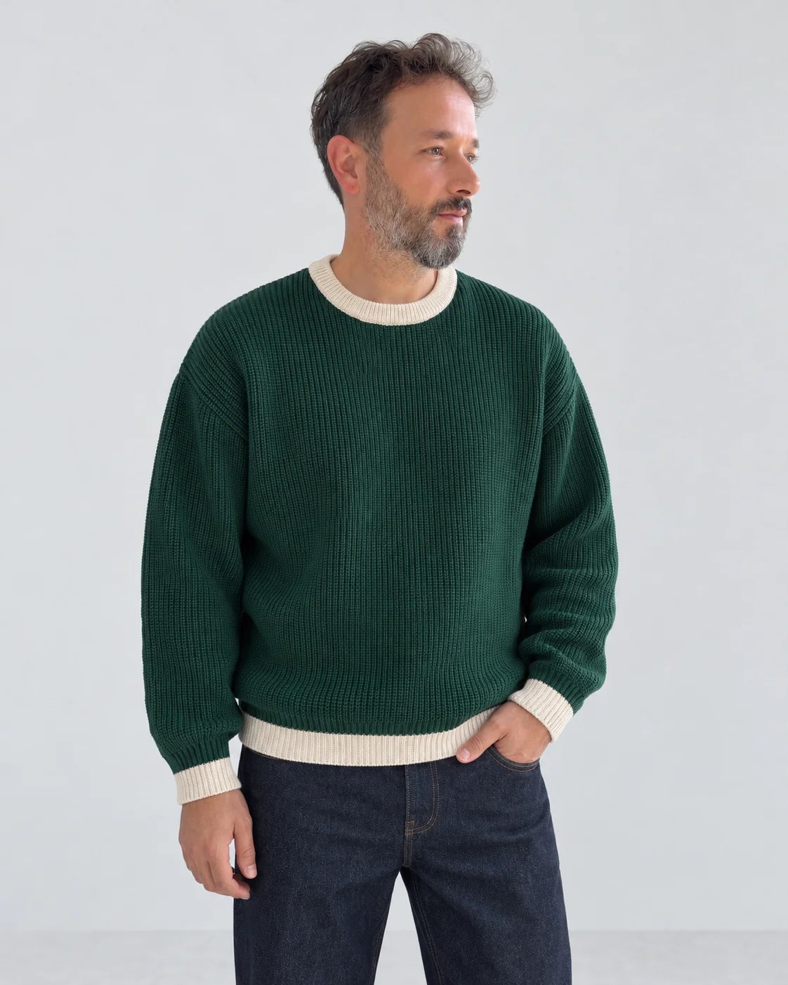 Contrast Trim Knit Sweater - Dark Green