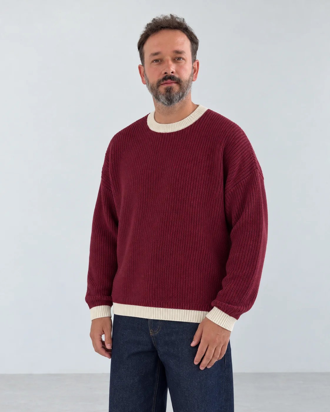 Contrast Trim Knit Sweater - Burgundy