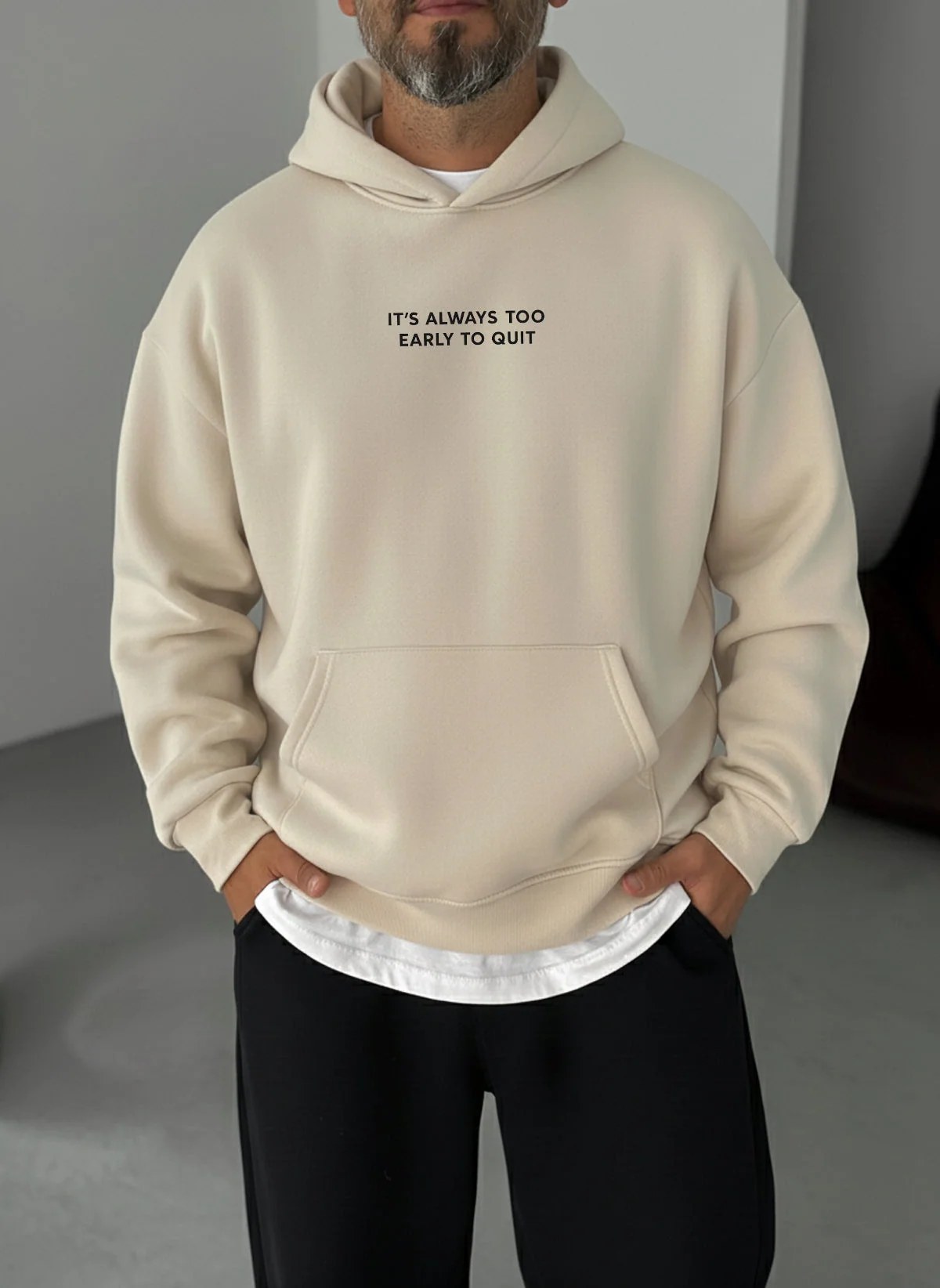 Never Quit Motivational Hoodie - Beige