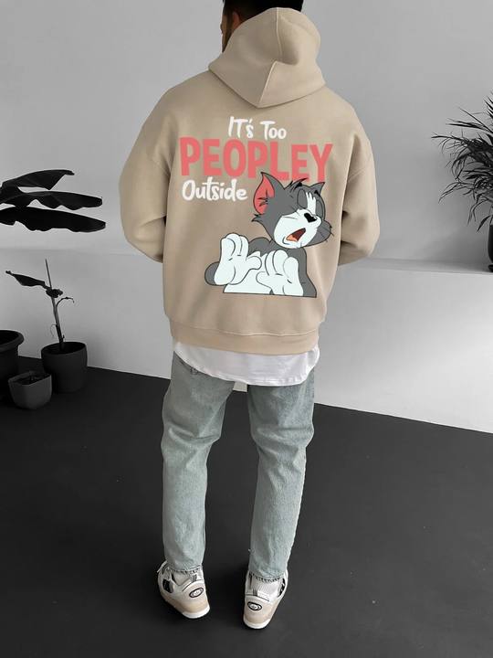 Beige "it's-too-peoply-outside" Printed Oversize Hoodie