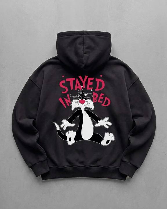 Black "stayed-in-bed" Printed Oversize Hoodie