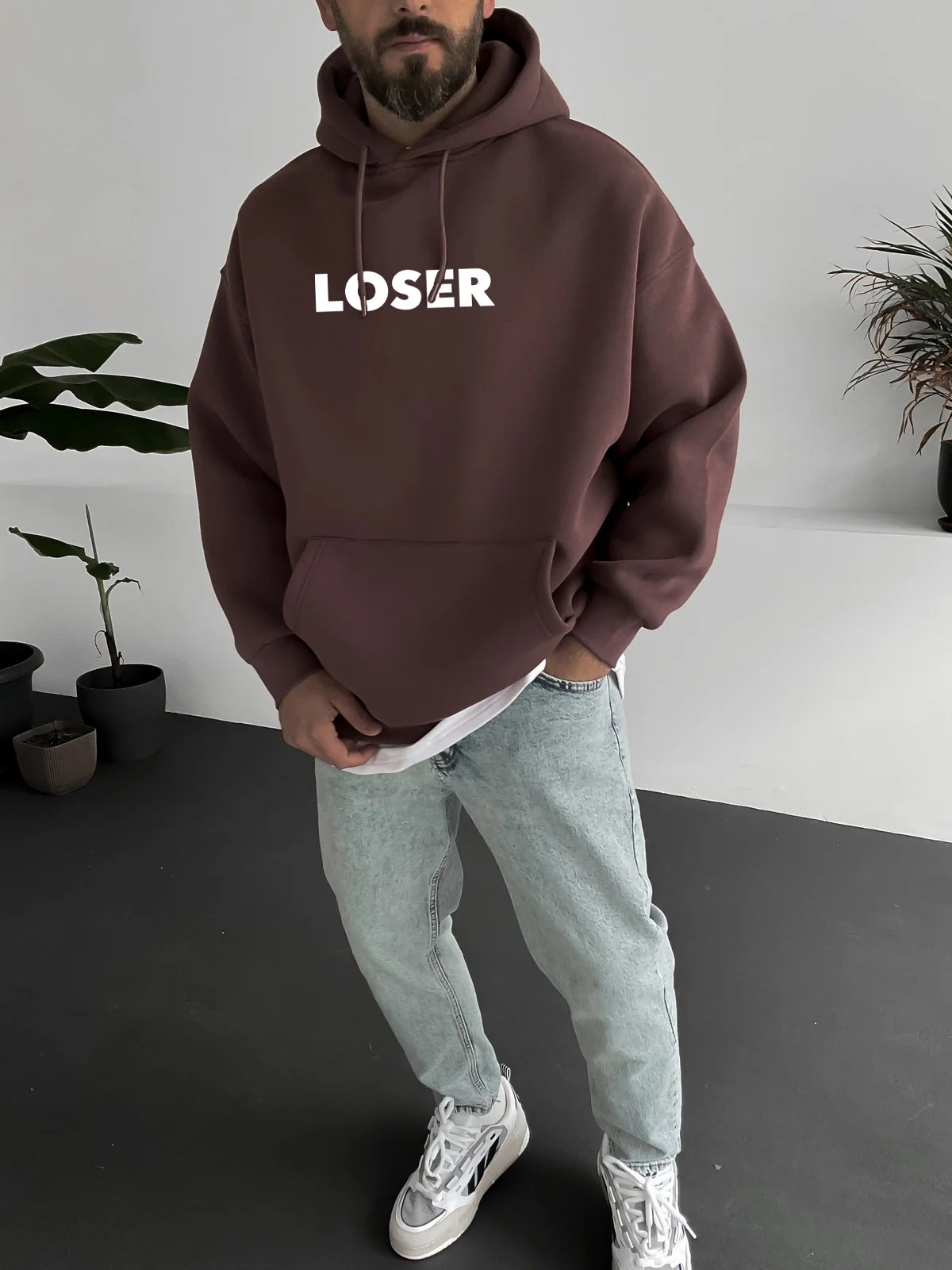 Brown "Loser" Printed Oversize Hoodie